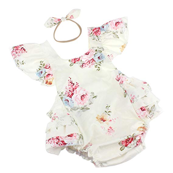 Luckikikids Baby Girls Cotton Vintage Floral Ruffle Rompers Clothing Headband Set