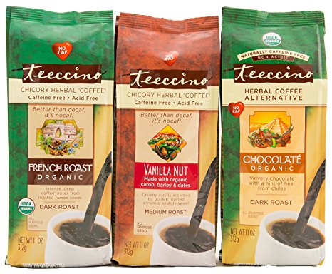 Teeccino Variety Pack (Vanilla Nut, French Roast, Chocolate) Chicory Herbal Coffee, Caffeine Free, Acid Free, 11 Ounce (Pack of 3)