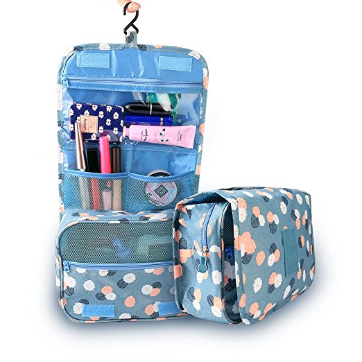 XUZOU Toiletry Bag-Portable Cosmetic Bag Hanging Travel Organizer Waterproof Makeup Pouch for Women Girls, Blue Flowers