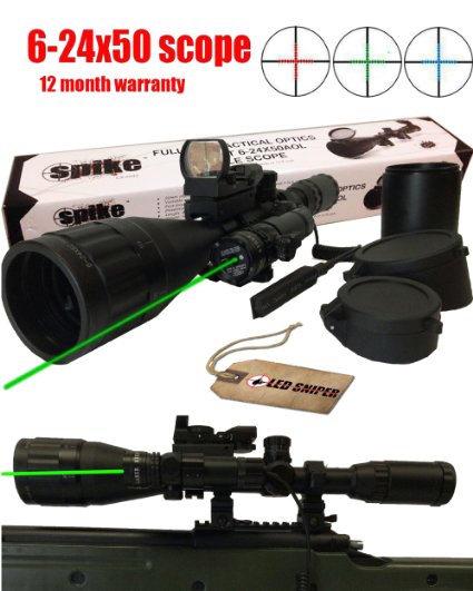 Ledsniper® 3in1 6-24x50 Red&green&blue Rifle Scope Sight/1'' Ring 20mm Weaver Picatinny Mounts 1x22x33 Holographic 4 Reticle Reflex Tactical Red Dot Sight Scope 20 Mm Rail powerful Tactical Hunting Rifle Green Laser Sight Dot Scope Adjustable w/ Mounts