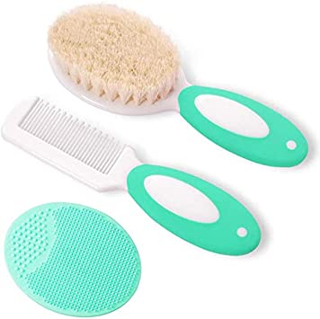 Baby Hair Brush and Comb Set for Newborns & Toddlers | Natural Soft Goat Bristles | Ideal for Cradle Cap | Perfect Baby Registry Gift (Green)