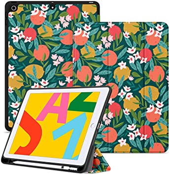 Ayotu Soft Case for New iPad 7th Generation 10.2" 2019, Auto Sleep/Wake Slim Lightweight Trifold Stand Case with Pencil Holder,Soft TPU Back Cover for Apple iPad 10.2 inch 2019,The Flowers and Fruits