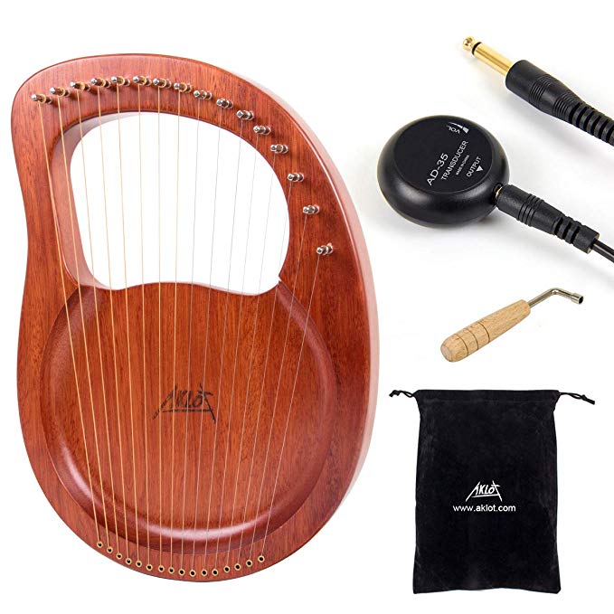 Lyre Harp, AKLOT 16 Metal Strings Mahogany Lye Harp with Tuning Wrench Pick up and Black Gig Bag