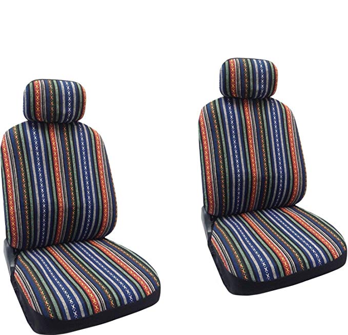 Baja Blue - Striped Saddle Blanket Front Seat Cover Pair