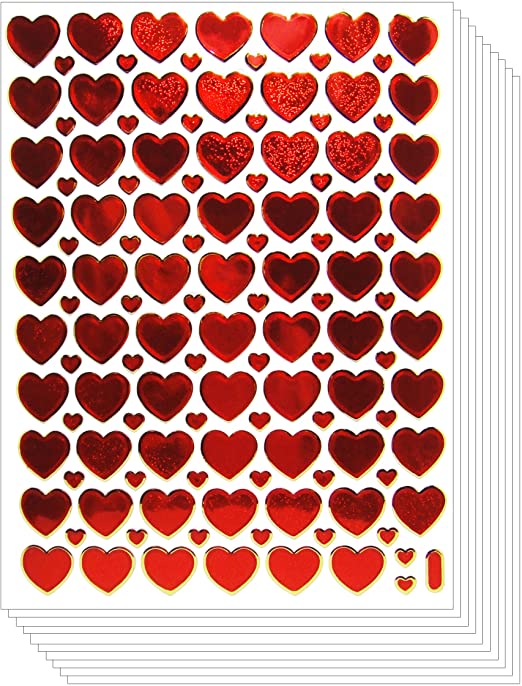 Valentine's Day Glittery Heart Stickers Crafts Card (10 Sheets, Red)