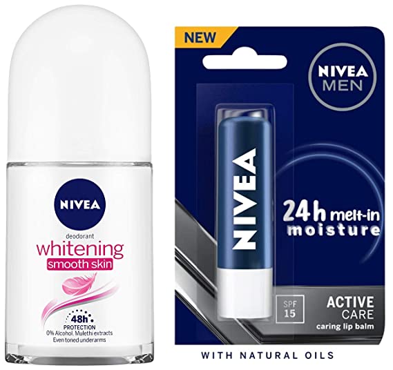 NIVEA Deodorant Roll-on, Whitening Smooth Skin, 50ml & MEN Lip Balm, Active Care No Shine (SPF 15), 4.8g Combo