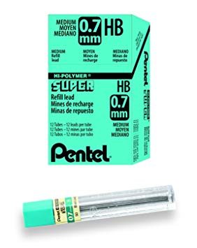 Pentel Super Hi-Polymer Leads, 0.7 mm, HB, Medium, Black, 12 Tubes of Lead (50-HB)