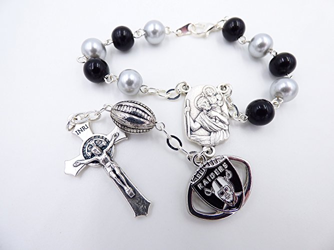 Single Decade St. Christopher Sports Team Auto Rosary - Oakland Raiders Catholic Rosary Beads