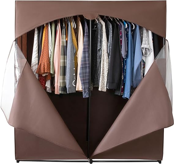 HOLDN’ STORAGE Portable Wardrobe Closet for Hanging Clothes with Brown Cover, Heavy Duty Hanging Rod with 50 Lb. Weight Capacity- Super Easy Assembly, No Tools Required