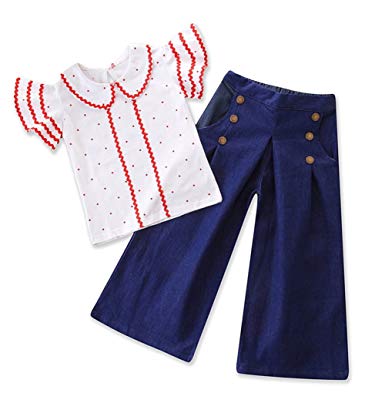 Toddler Baby Girls Polka Dot Ruffle Sleeve Tops Flare Denim Clothes Outfit Set