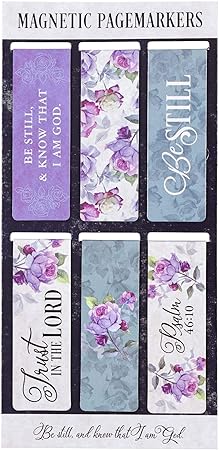 Christian Art Gifts Set of 6 Be Still and Know - Psalm 46:10 Purple Roses Inspirational Magnetic Bible Verse Bookmark with Scripture, Size Small 2.3" x .75"