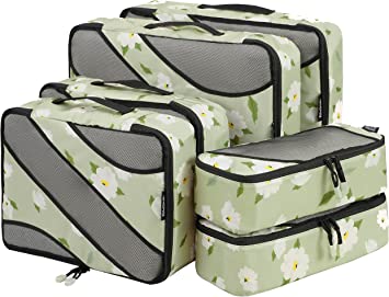 BAGAIL 6 Set Packing Cubes,3 Various Sizes Travel Luggage Packing Organizers, Green Flowers, Large