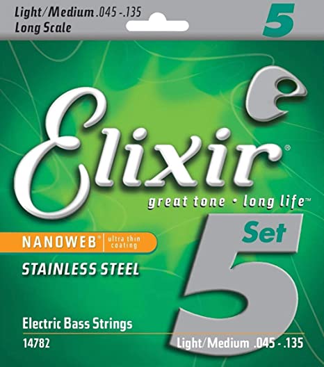 Elixir Strings Stainless Steel 5-String Bass Strings w NANOWEB Coating, Long Scale, Light/Medium (.045-.135)