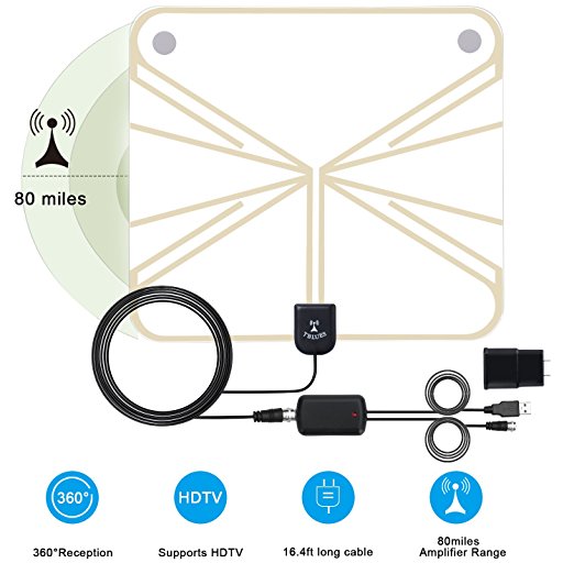 Amplified Indoor HDTV Antenna 50-100 Miles Range,Up to 100 Free Channels, Detachable Amplifier Long Range Indoor TV Antenna 1080P,16.4ft Long Coaxial Cable