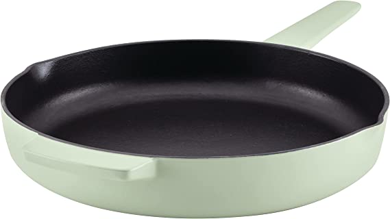 KitchenAid Enameled Cast Iron Frying Pan/Skillet with Helper Handle and Pour Spouts, 12 Inch, Pistachio