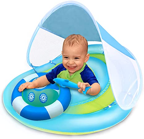 Baby Swimming Pool Float with Sun Canopy Safety Seat Double Airbag, Inflatable Baby Swim Rings for Babies Kids Baby Floats for Pool Spring Floatie Swim Trainer Pool Floats for Toddlers 6-36 Months