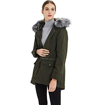 Plusfeel Women's Outdoor Military Parkas Mid Length Jacket Coat with Faux Fur Hood
