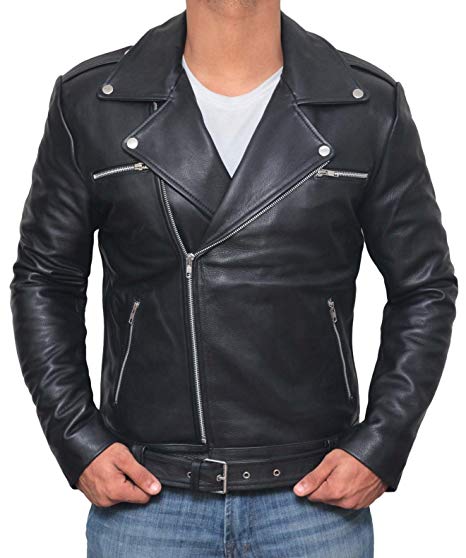 Motorcycle Negan Leather Jacket Men - Mens Genuine Lambskin Black Jackets for Biker