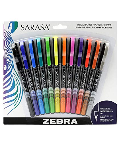 Zebra Sarasa Fineliner Pen, 0.8mm, Assorted Colors, Water Resistant Ink, 12-Count