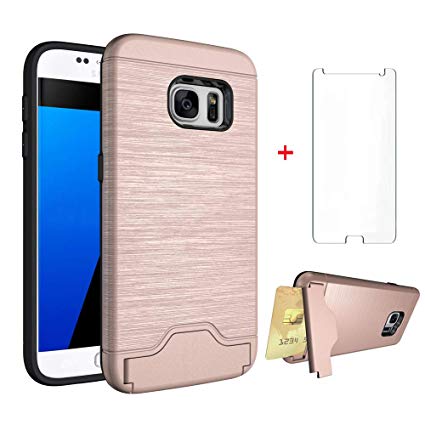 Samsung Galaxy S7 Wallet Phone Case with Tempered Glass Screen Protector Credit Card Holder Satnd Kickstand Silicone Full Body Protective Cover for Glaxay 7 7s GS7 SM-G930V Women Girls Pink Rose Gold