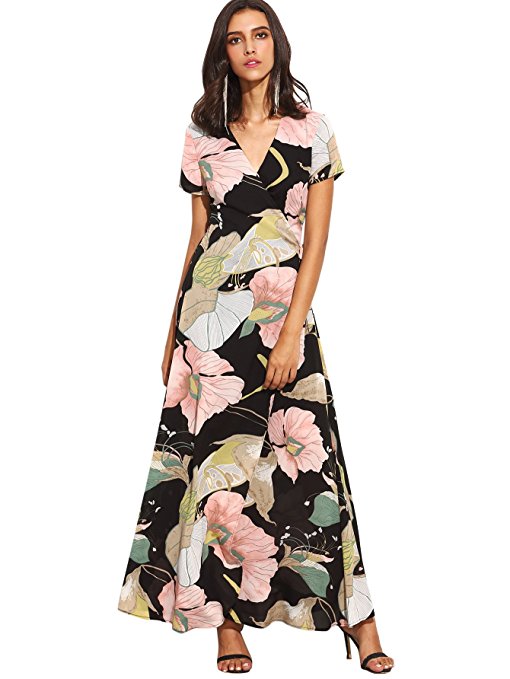 Milumia Women's Vintage Floral Print Split Wrap Maxi Dress