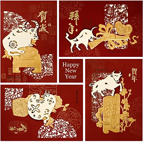 4 Pieces Chinese New Year Cards Ox Year Spring Festival Card 4 Designs Cattle New Year Note Card with Pink Envelope for Spring Festival Wedding Birthday