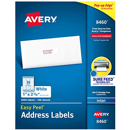Avery Address Labels with Sure Feed for Inkjet Printers, 1" x 2-5/8", 3,000 Labels, Permanent Adhesive (8460), White