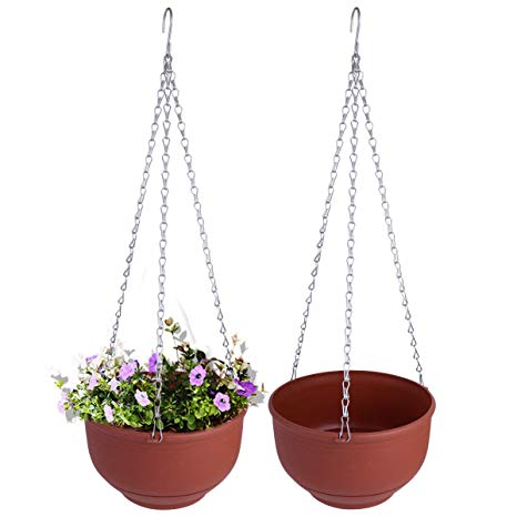 Vencer Set of 2 Metal Hanging Planter Imitation Ceramic Plastic Flowerpot 9.3 inch Water Permeable Type,Round Shape,Brick Red,VF-075R