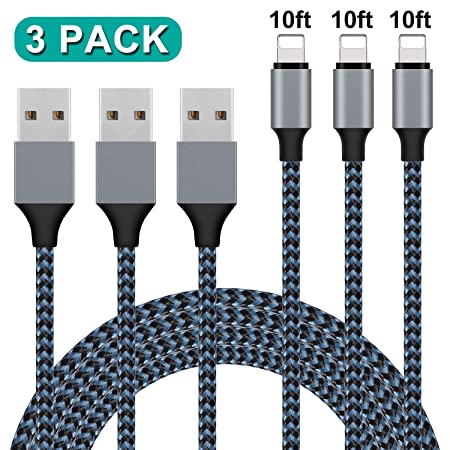 Atill iPhone Charger 3Pack 10FT iPhone Charger Cable Nylon Braided Charging Cord Compatible iPhone XR XS XSMax X 8 8 Plus 7 7 Plus 6 6s Plus SE 5 5s 5c iPad iPod (Blue)