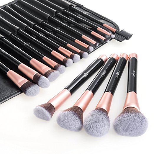 Makeup Brush Set Anjou 16pcs Professional Cosmetic Brushes with Soft and Cruelty-Free Synthetic Fiber Bristles and Rose Gold Detailing - Elegant PU Leather Pouch Included