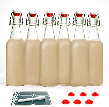 Otis Swing Top Bottles - Glass Bottle 6 Pack w/ Stoppers - Easy Cap Lids for Home Brewing, Water & Kombucha - Flip Top 16oz Bottles w/ 6 Bonus Gaskets