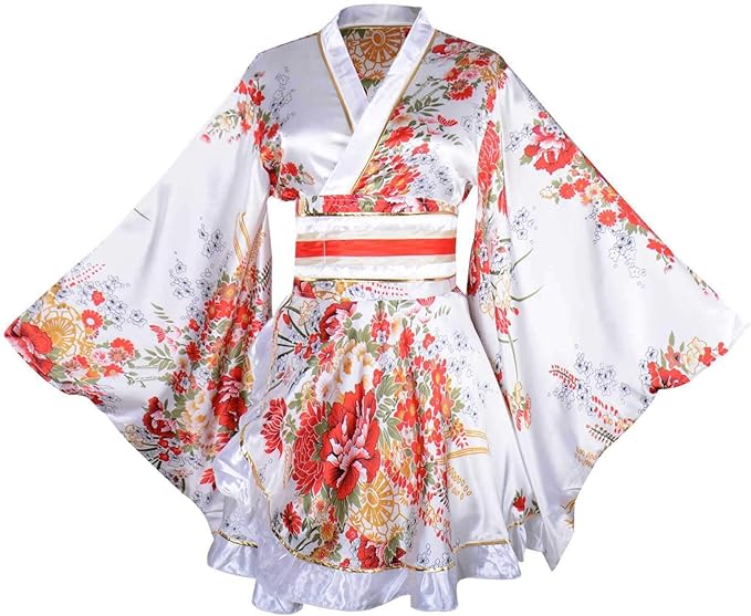 Wraith of East Kimono Costume Adult Japanese Geisha Yukata Floral Patten Gown Blossom Bathrobe Sleepwear With Obi Belt