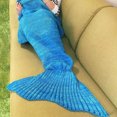 Crochet Mermaid Tail Blanket / Living Room Bedroom Sofa Super Soft Adult Blankets Sleeping Bags (72"x36") (Blue)
