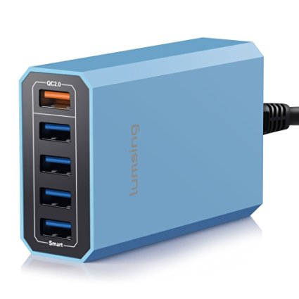 Lumsing Quick Charge 2.0 40W Multi-Port USB Desktop Charger, Charging Station Dock, 1 Port QC2.0   4 Port with Smart IC Technology, 5 Port Desktop Charging Hub for SmartPhones-Blue