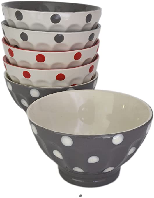 Set 6 Retro 15oz Assorted Colors Ripple Stoneware Polka Dots Soup Cereal Bowls