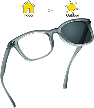 Blue Light Blocking Glasses, Photochromic Gray Sunglasses, Anti UV, Anti Glare (Matte Gray, 2.75 Magnification)