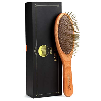 BFWood Detangling Brush for Thick and Curly Hair - Wooden Handle with Metal Bristles