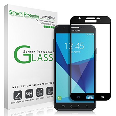 Galaxy J7 Sky Pro, Perx [2017] Screen Protector Glass (Full Screen Coverage), amFilm Bye-Bye-Bubble Samsung Galaxy J7 Tempered Glass Screen Protector [2017] [Case Friendly] Screen Protector