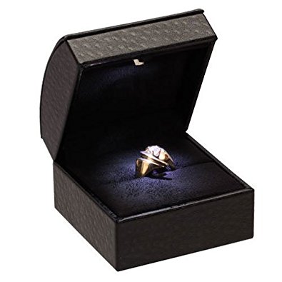 Black Leather Jewelry Ring Slot Ring Box w/ LED Lighted Soft Black Velvet Interior