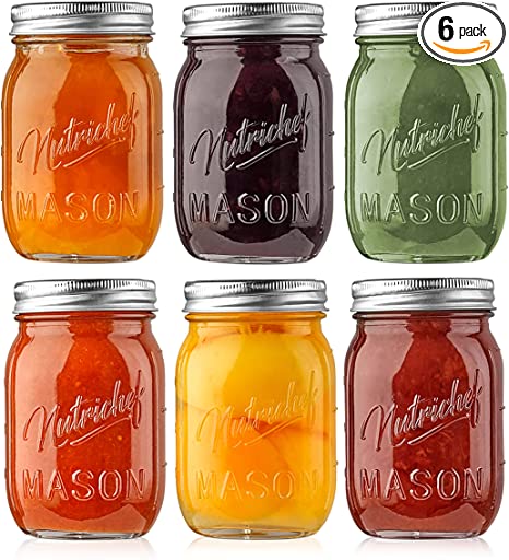 Mason Jars with Lids - 16oz DIY Magnetic Spice Jar Glass Container w/ Airtight Lid and Band - Ideal for Meal Prep, Overnight Oats, Jelly, Jam, Honey, Candles, Crafts, Wedding Favors (6 Pcs)