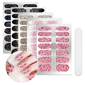 5 Sheets Full Nail Wraps Art Polish Stickers Decal Strips Adhesive False Nail Design Manicure Set With 1Pc Nail Buffers Files For Women Girls