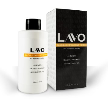 Glycolic Acid Face Toner 10% - Facial Astringent - Pore Cleanser & Wash - Oily Skin Control + Fights Acne - Lactic + Amino Acid + Vitamin C - Natural Tonic - Use with Pads - Great with Cream, Serum, AHA Peel - For Men and Women - by LAVO - 6 fl oz