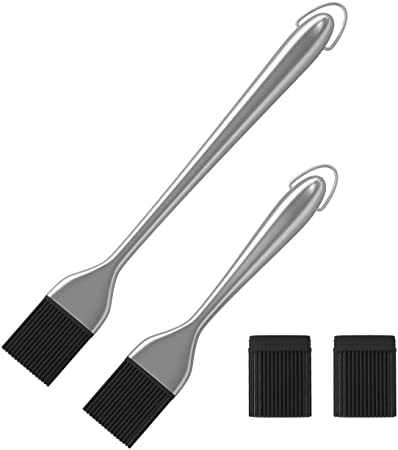 YFWOOD Silicone Sauce Basting Brush, 2 Pack Premium Stainless Steel Handles with Back up Silicone Brush Heads(Black) 12 Inch & 8 Inch-Great for BBQ Meat.