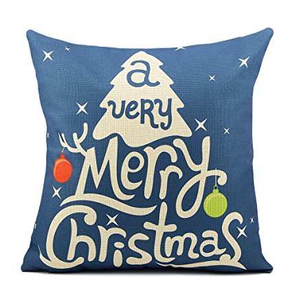 Homar Throw Pillow Covers - Merry Christmas Print Pattern Decorative Pillow Case Blue - Cotton Linen Square Pillowcases Cushion Cover Standard Size 18 x 18 for Couch Sofa Bed Car Seats Home Decor