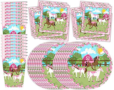 Lovely Pink Horse Birthday Party Supplies Set Plates Napkins Cups Tableware Kit for 16