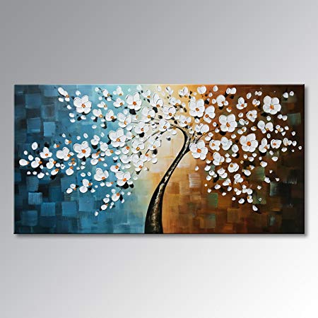 Winpeak Art Handmade Plum Tree Blossom Modern Canvas Flowers Artwork Contemporary Abstract Floral Paintings on Canvas Wall Art for Home Decorations Wall Decor Stretched and Ready to Hang (40"W x 20"H)