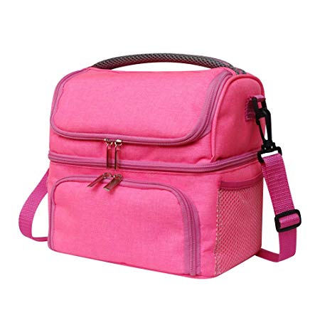 Insulated Lunch Bag, Dual Compartment Waterproof Large Capacity Cooler Tote Bag, Heatproof Breakfast/Tiffin/Dinner Zipper Thermal/Warm/Heated Bag with Handle and Detachable Strap (Pink)