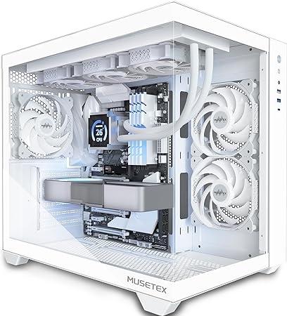 MUSETEX ATX PC Case, 3 x 120mm Fans Pre-Installed, 360MM RAD Support, 270° Full View Tempered Glass Gaming PC Case with Type-C, Mid Tower ATX Computer Case, White, Y6