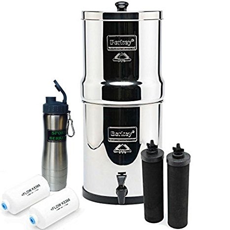 Premium Travel Berkey Water Filter Bundled with 2 Black Berkey Filters and 2 PF2 Fluoride Filters and Berkey Stainless Waterbottle