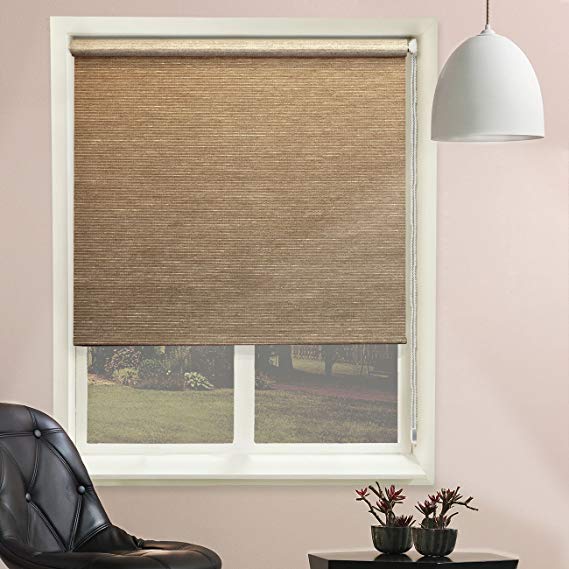 Chicology Continuous Loop Beaded Chain Roller Shades / Window Blind Curtain Drape, Natural Woven, Privacy - Candyfloss Latte, 27"W X 64"H